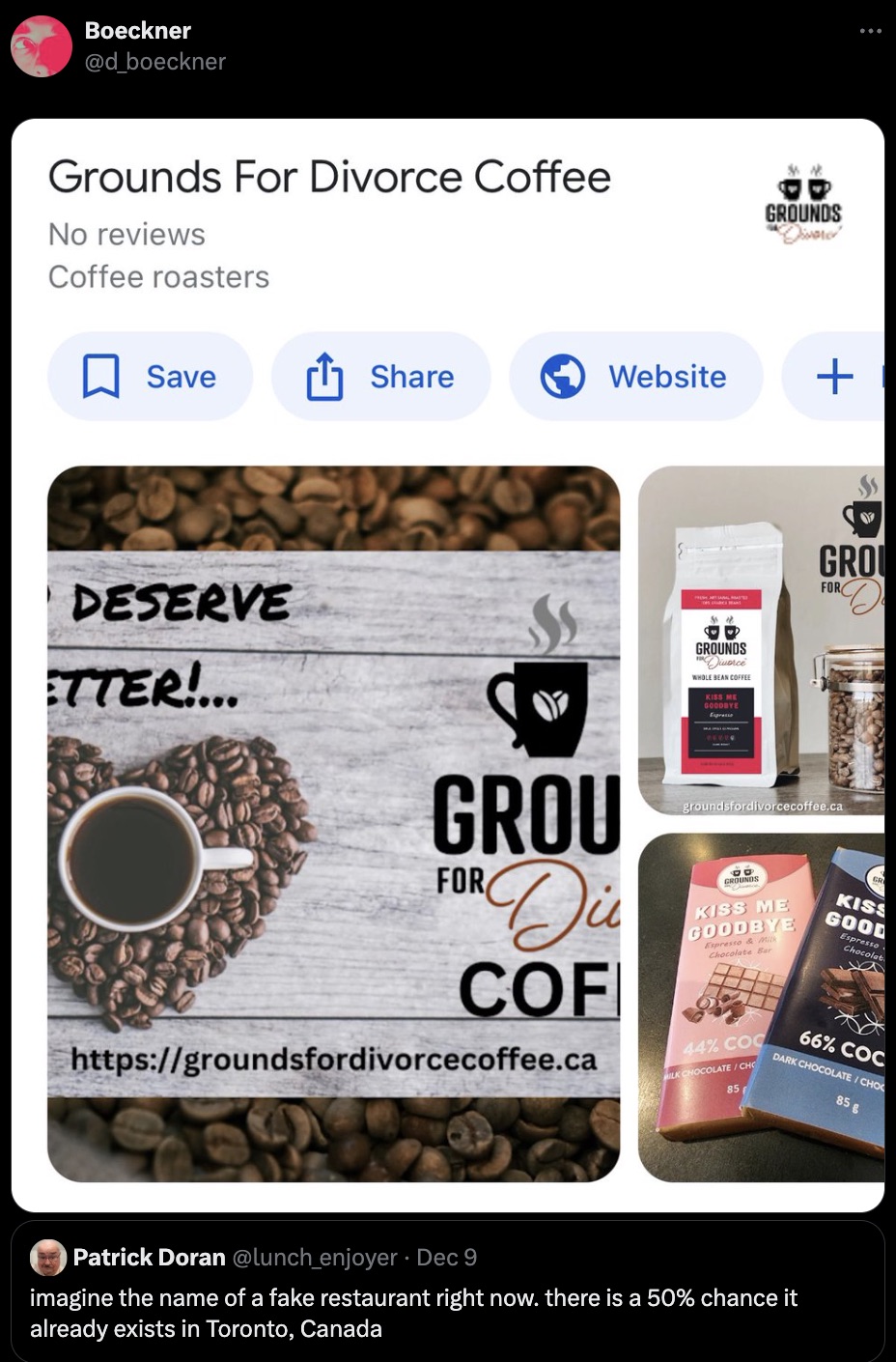 screenshot - Boeckner Grounds For Divorce Coffee No reviews Coffee roasters Grounds "Divere Save Website Deserve Etter!... Grounds Divorce Whole Bean Coffee Kiss Me Goodbye Gro For D For Grou Die Cof groundsfordivorcecoffee.ca Kiss Me Goodbye Espresso Cho